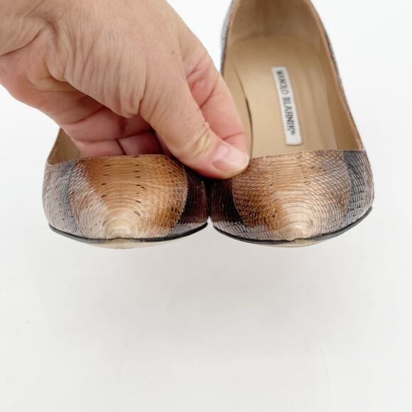 Manolo Blahnik Brown Tan Genuine Python Pointed Toe Stiletto Heel Pumps IT 38 - Picture 8 of 12